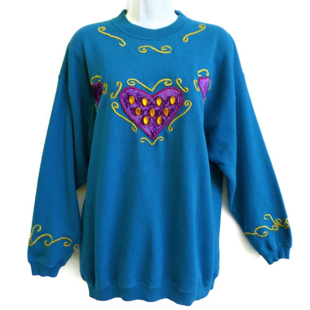 Vintage 80s Blue Sweatshirt 3D Velvet Purple Hearts Embroidered Zipper Back L